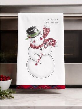 NWT Mudpie Celebrate The Season Snowman Printed Kitchen Towel